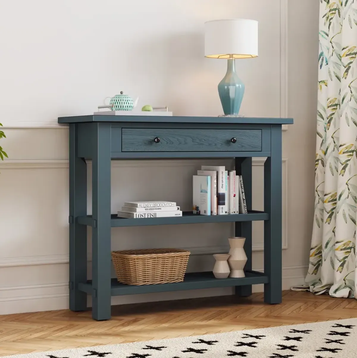 Clihome Entryway Table with Storage, Retro Console Table with Drawer and Two Sturdy Shelves for Entryway, Living Room (Navy)