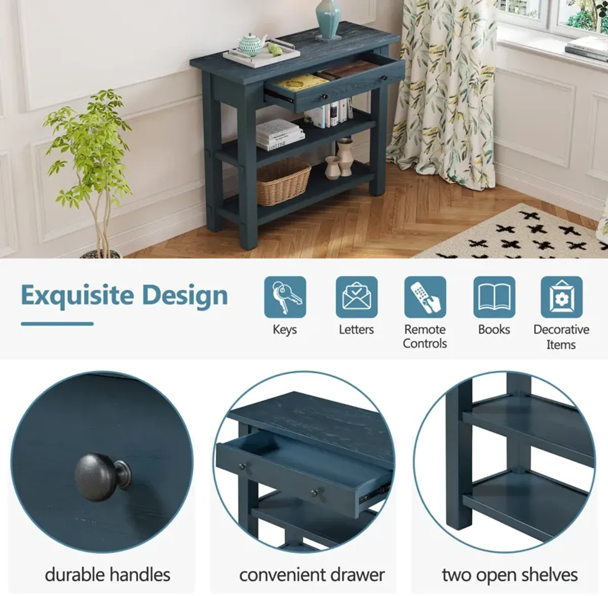 Clihome Entryway Table with Storage, Retro Console Table with Drawer and Two Sturdy Shelves for Entryway, Living Room (Navy)