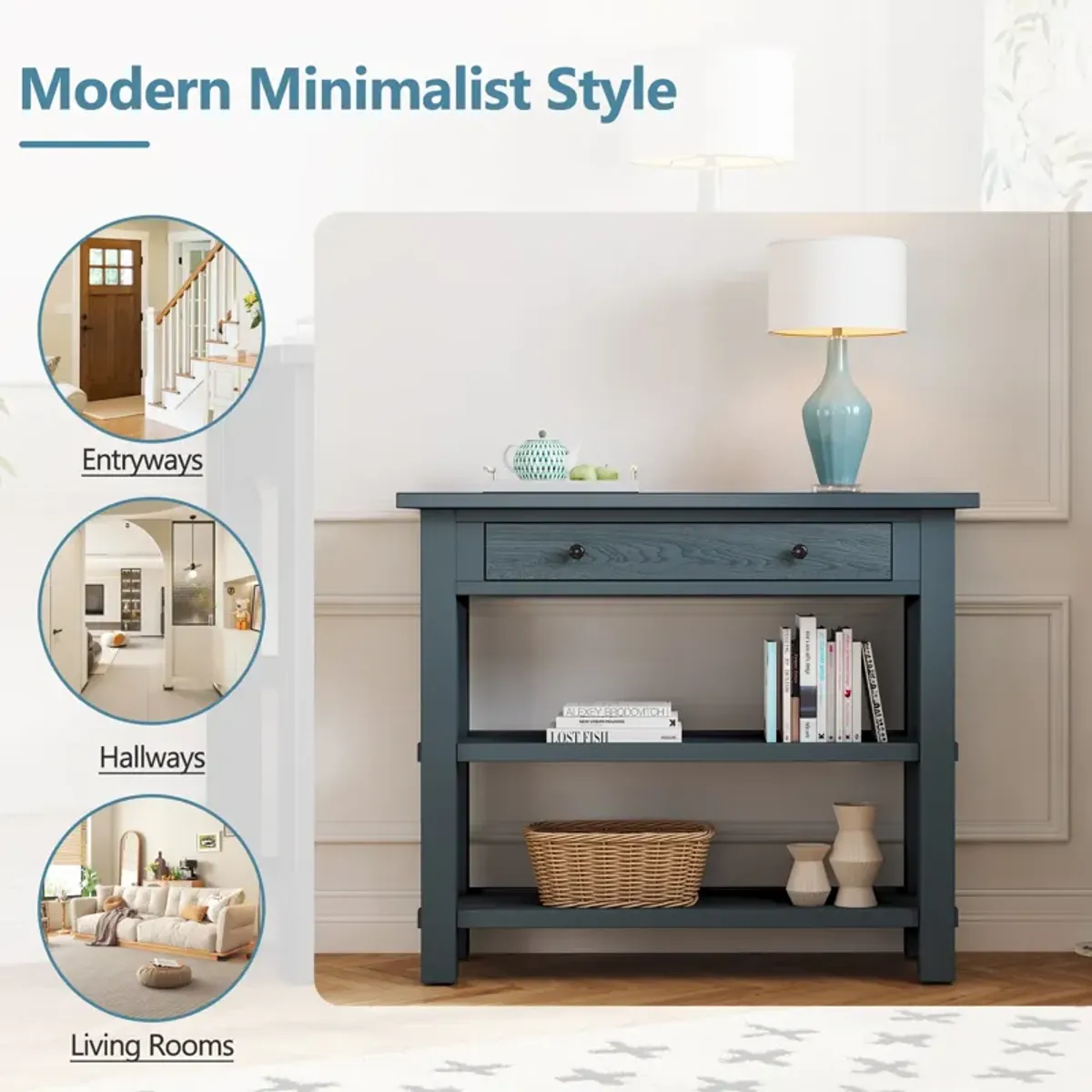 Clihome Entryway Table with Storage, Retro Console Table with Drawer and Two Sturdy Shelves for Entryway, Living Room (Navy)