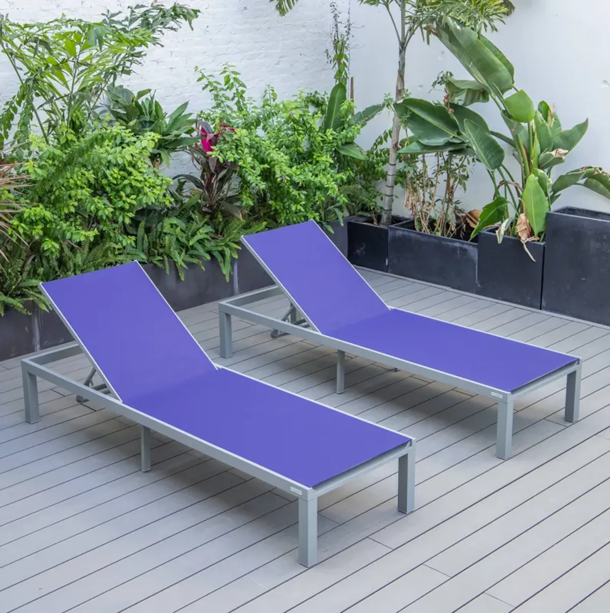 LeisureMod Marlin Patio Chaise Lounge Chair With Grey Aluminum Frame, Set of 2