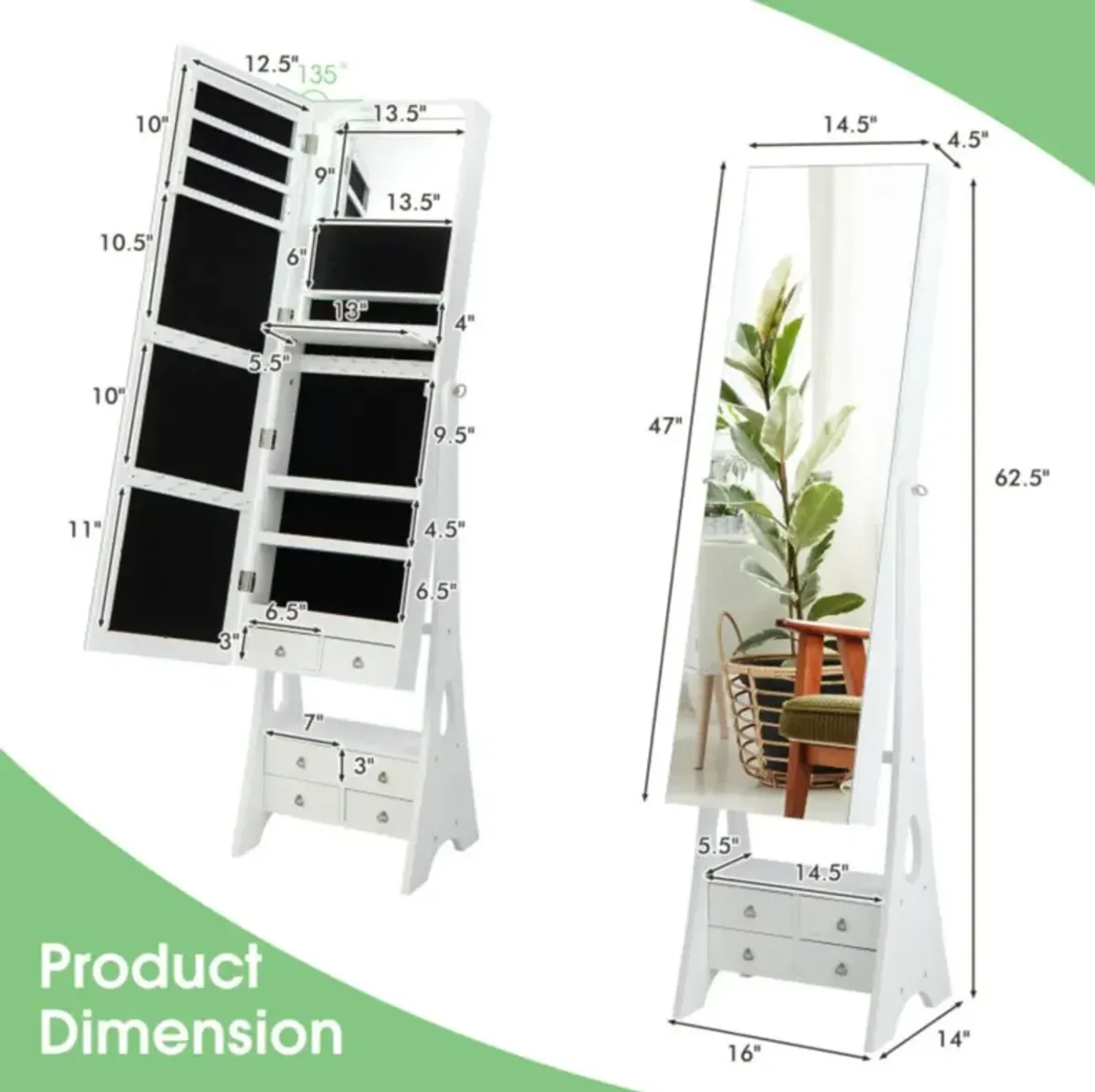 Hivvago Freestanding Full Length LED Mirrored Jewelry Armoire with 6 Drawers