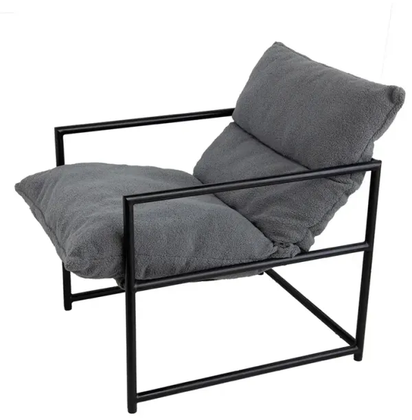 26 Inch Accent Chair with Cushion, Black Iron, Light Gray Faux Leather - Benzara