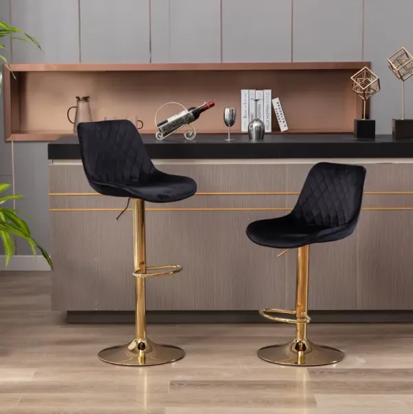 Set of 2 Bar Stools, with Chrome Footrest and Base Swivel Height Adjustable Mechanical Lifting Velvet + Golden Leg Simple Bar Stool-black