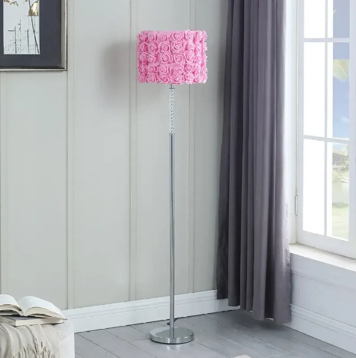 63"In Pink Roses In Bloom Acrylic/Metal Floor Lamp