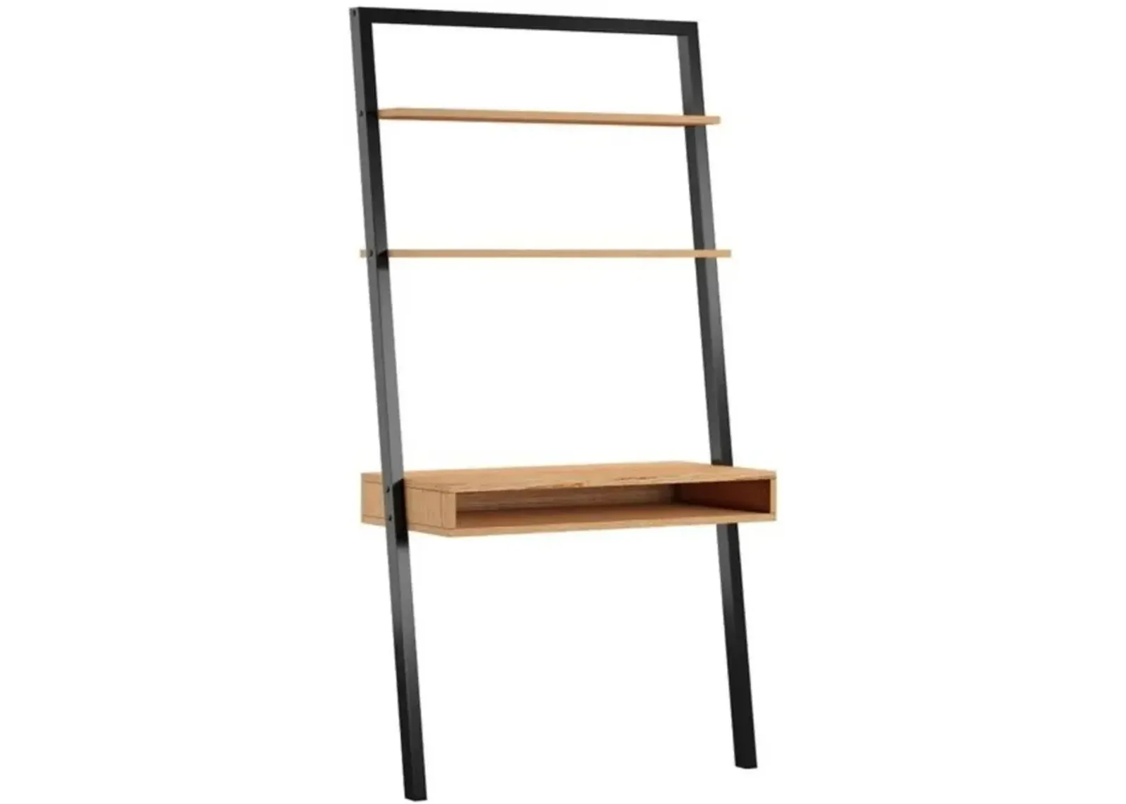 Farmhouse Rustic Oak Black Leaning Ladder Writing Desk 2 Shelves