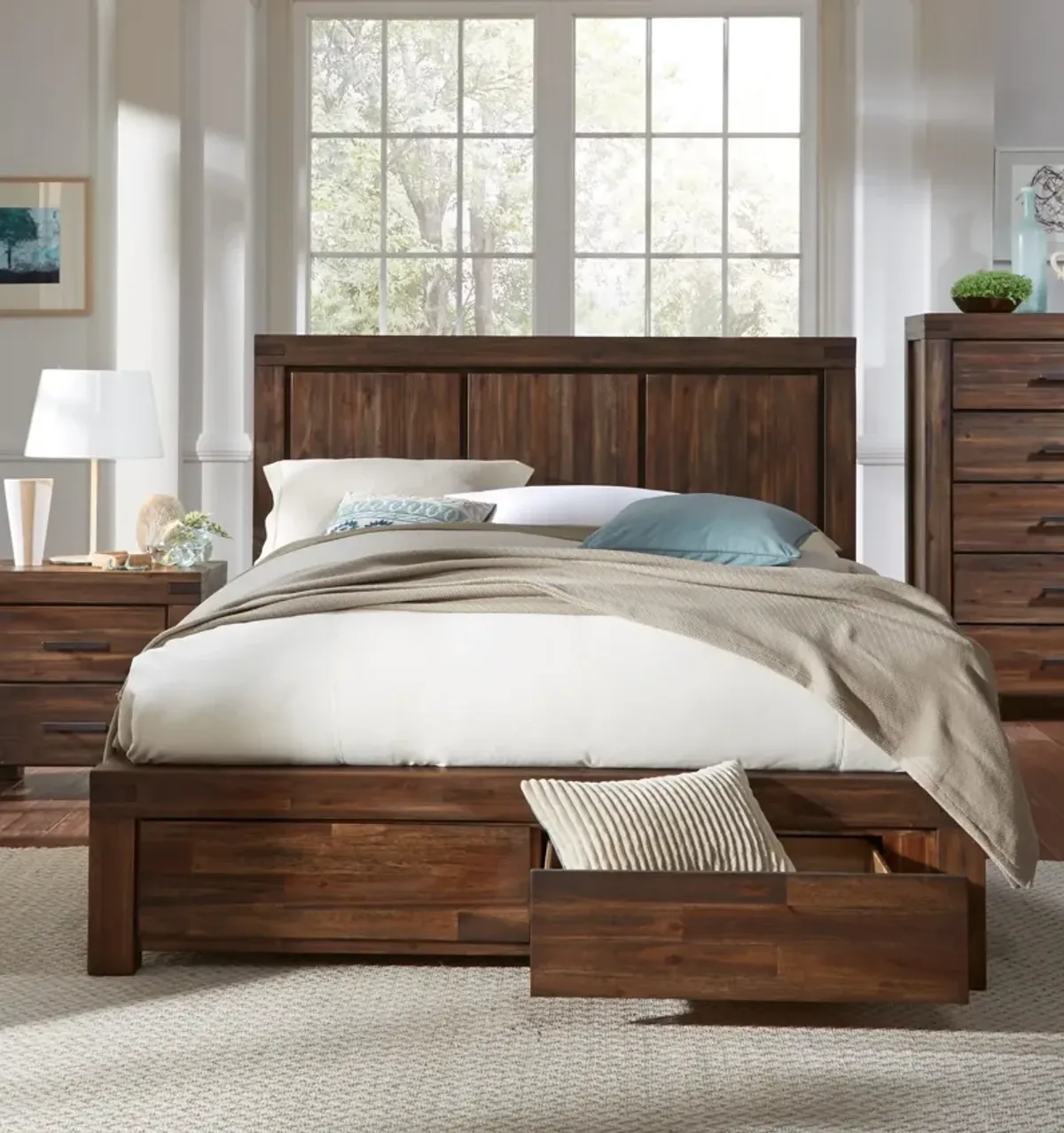 Meadow Queen-size Solid Wood Footboard Storage Bed in Brick Brown