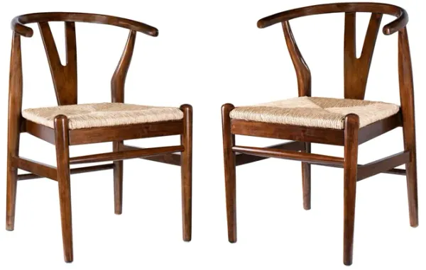 Cera Dining Chair Set of 2, Handwoven Rope, Cappuccino Brown Wood - Benzara