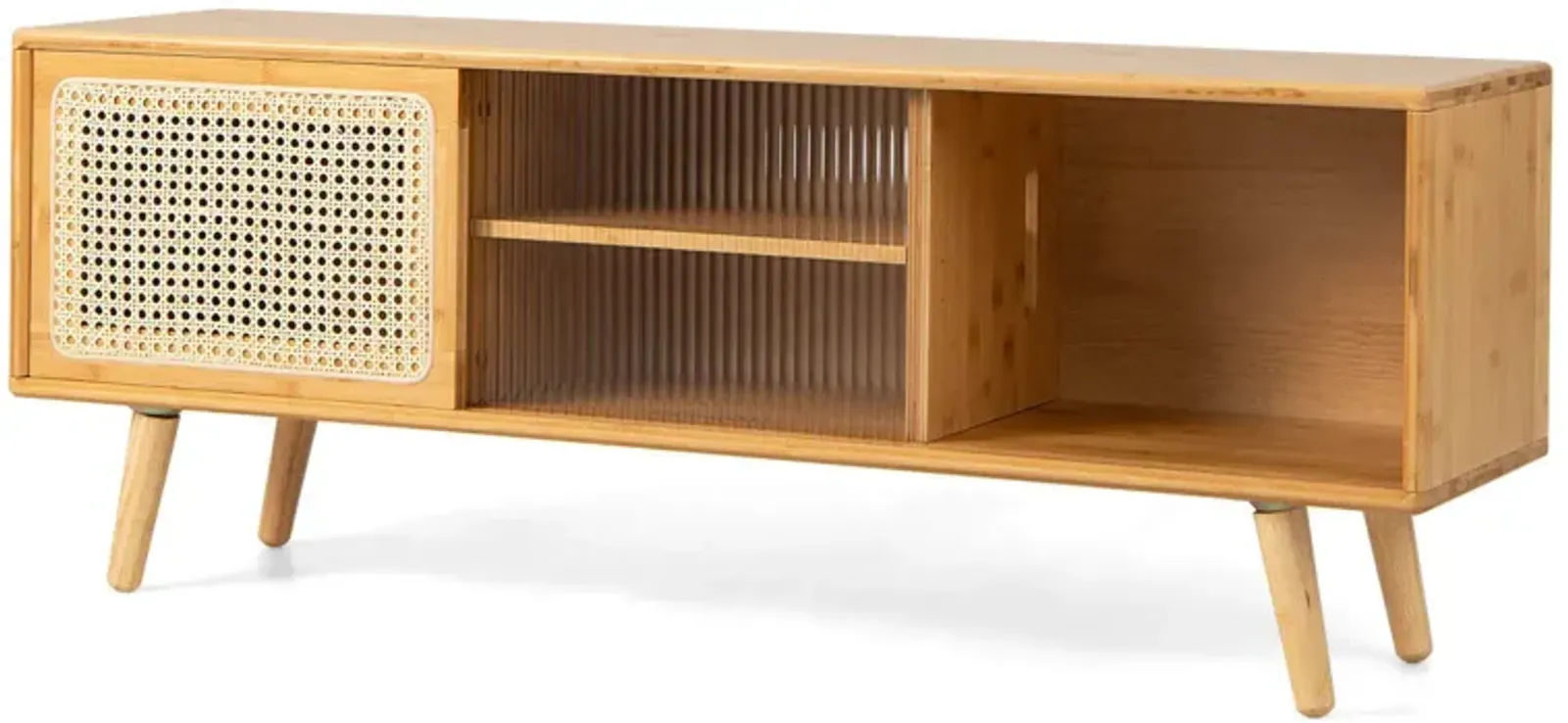 Modern TV Stand with Rattan Glass Sliding Doors-Natural