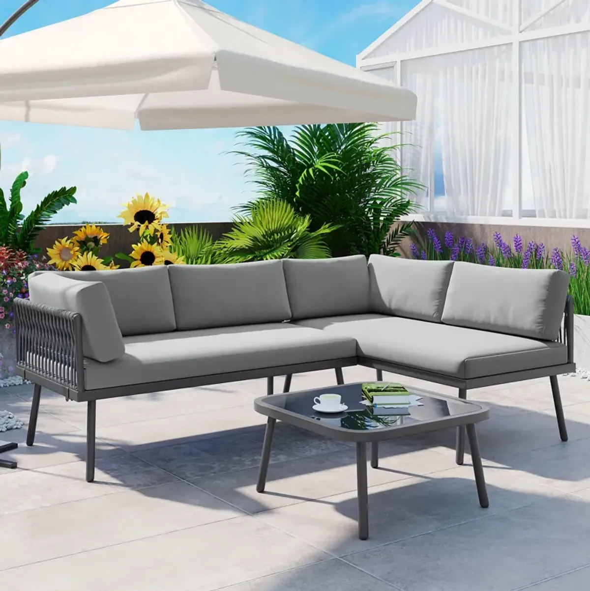 Merax Modern Outdoor  PE Rattan Sofa Table Seating Set