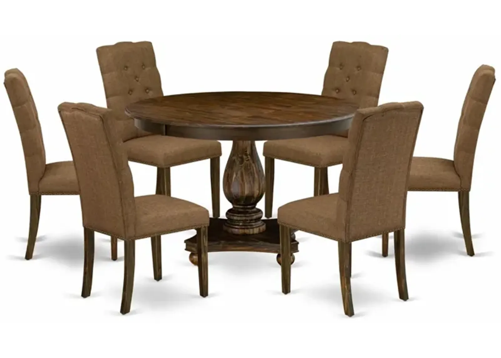 East West Furniture F2EL7-718 7Pc Dining Set - Round Table and 6 Parson Chairs - Distressed Jacobean Color