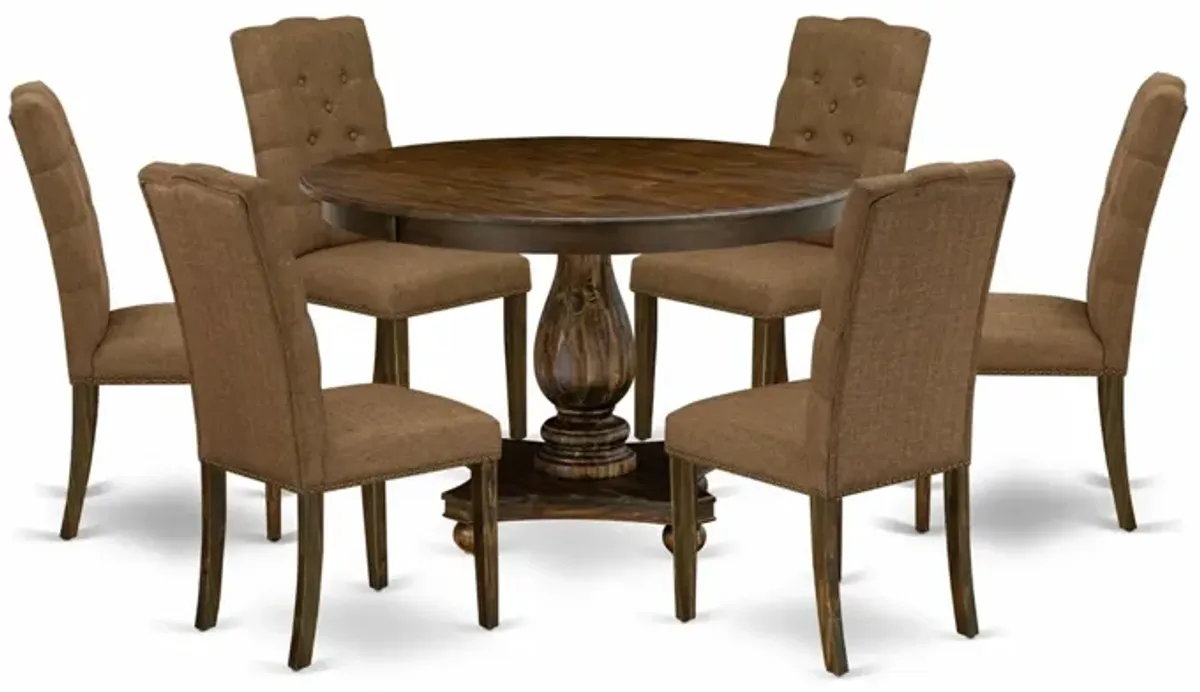 East West Furniture F2EL7-718 7Pc Dining Set - Round Table and 6 Parson Chairs - Distressed Jacobean Color