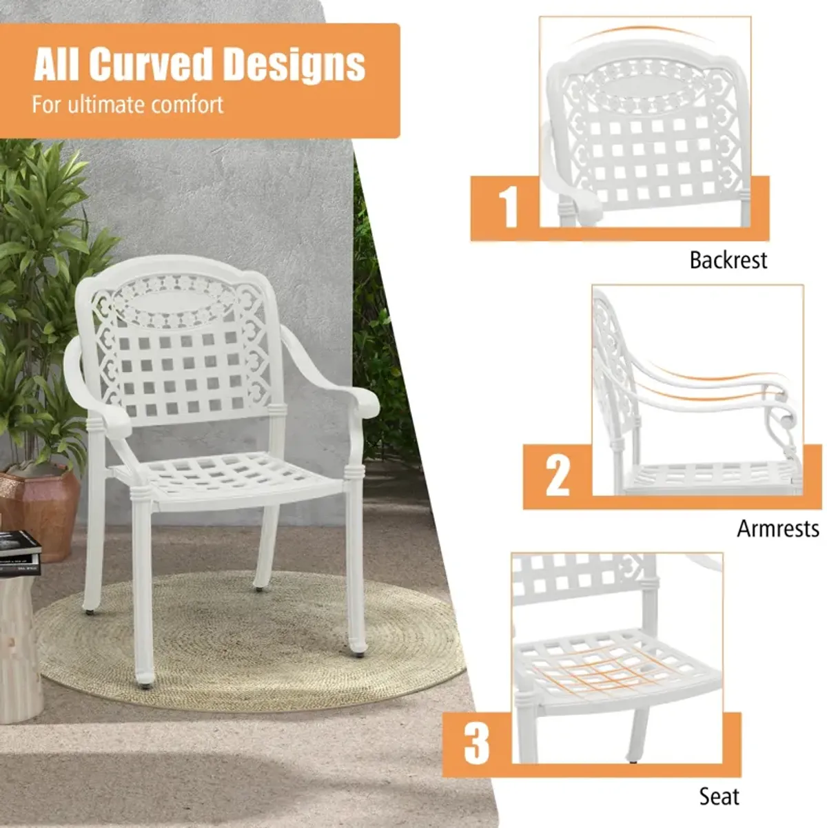 Set of 2 Cast Aluminum Patio Chairs with Armrests