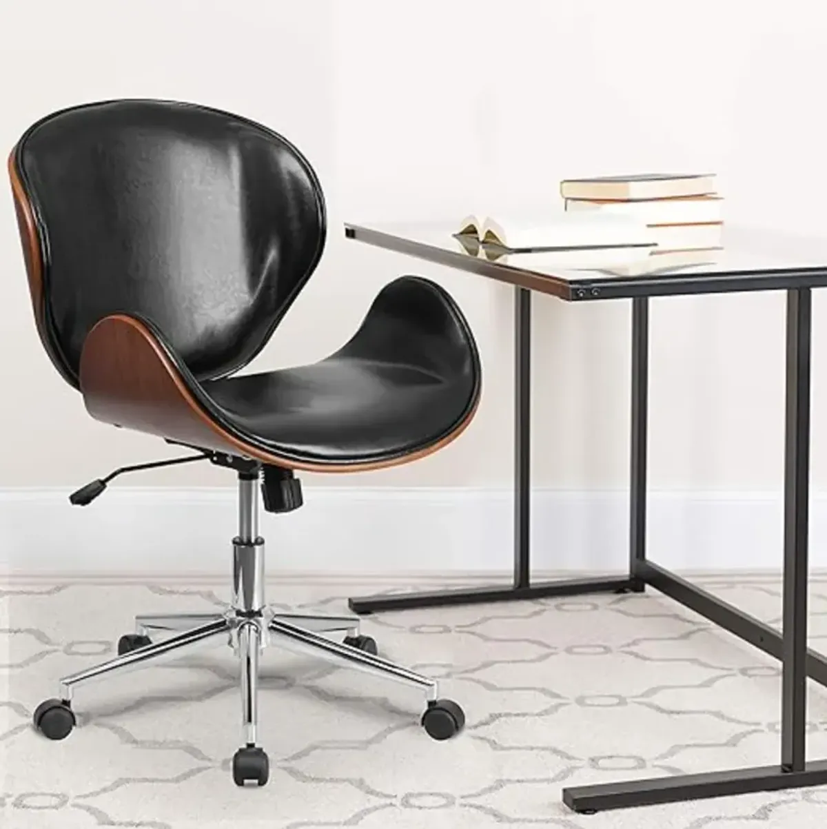 Hivvago Mid-Back Walnut / Black Faux Leather Office Chair with Curved Bentwood Seat