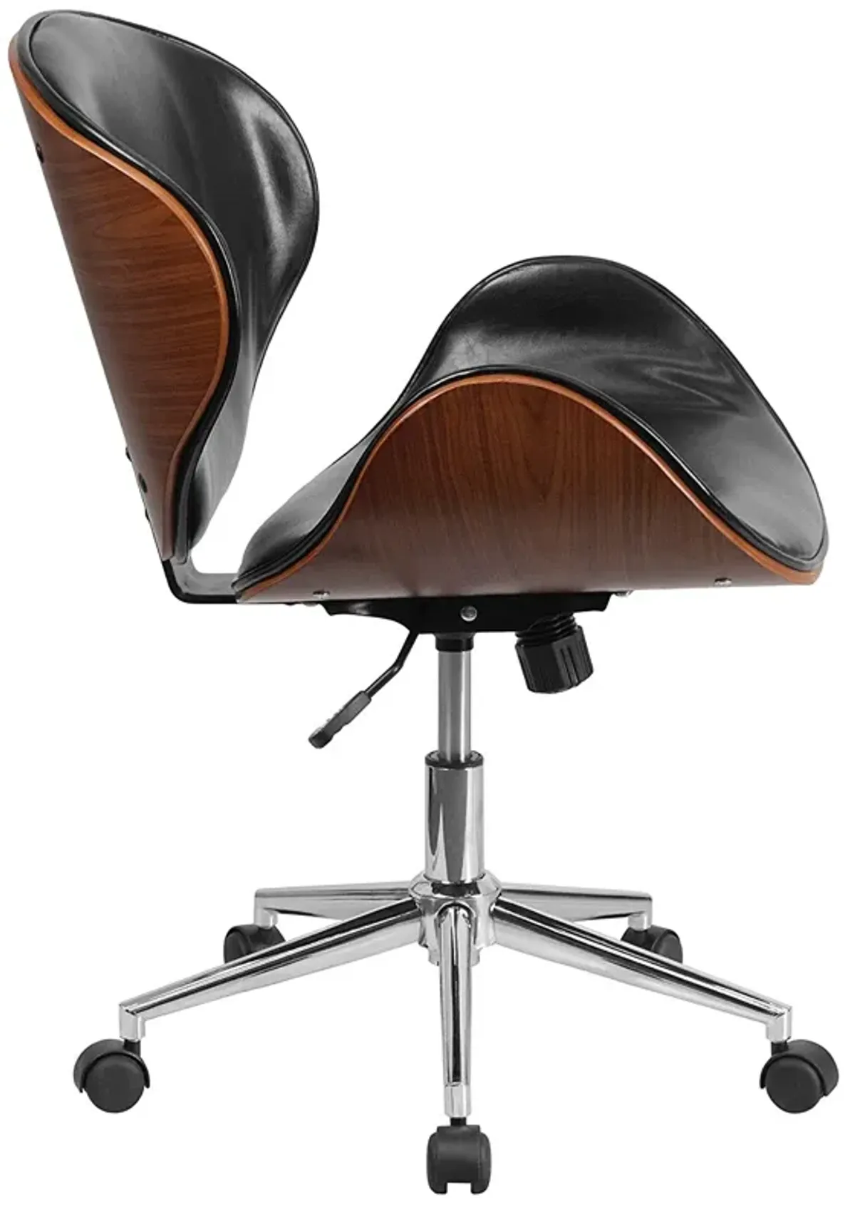 Hivvago Mid-Back Walnut / Black Faux Leather Office Chair with Curved Bentwood Seat