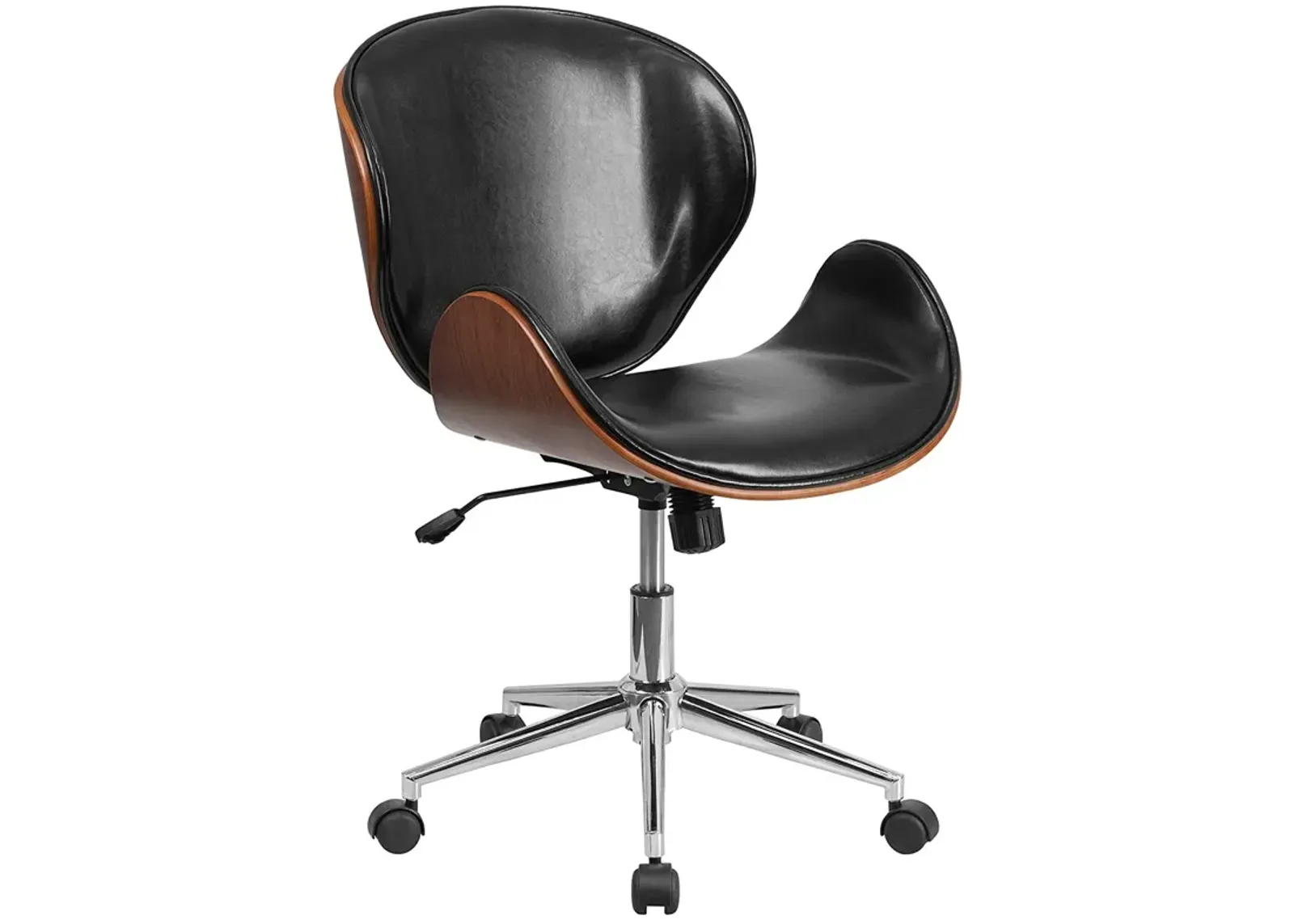 Hivvago Mid-Back Walnut / Black Faux Leather Office Chair with Curved Bentwood Seat