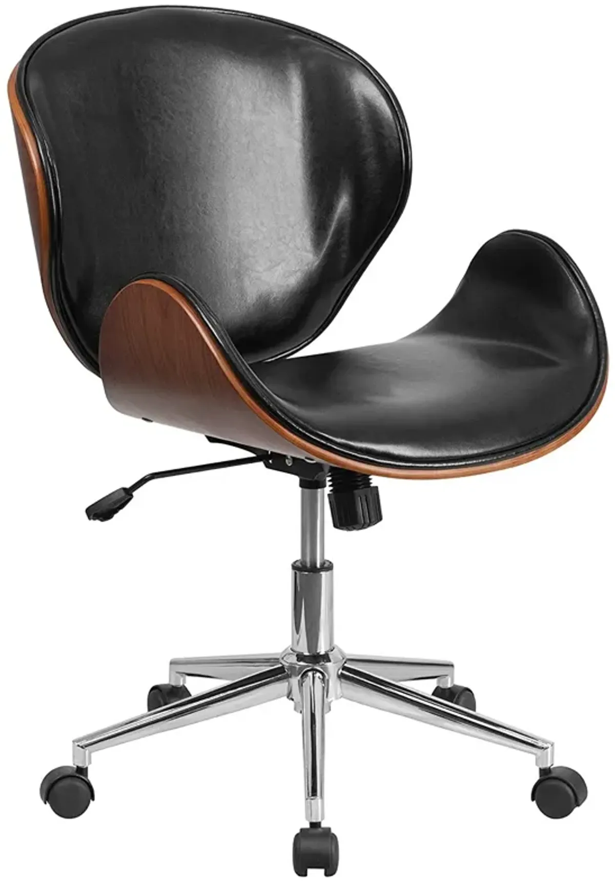 Hivvago Mid-Back Walnut / Black Faux Leather Office Chair with Curved Bentwood Seat