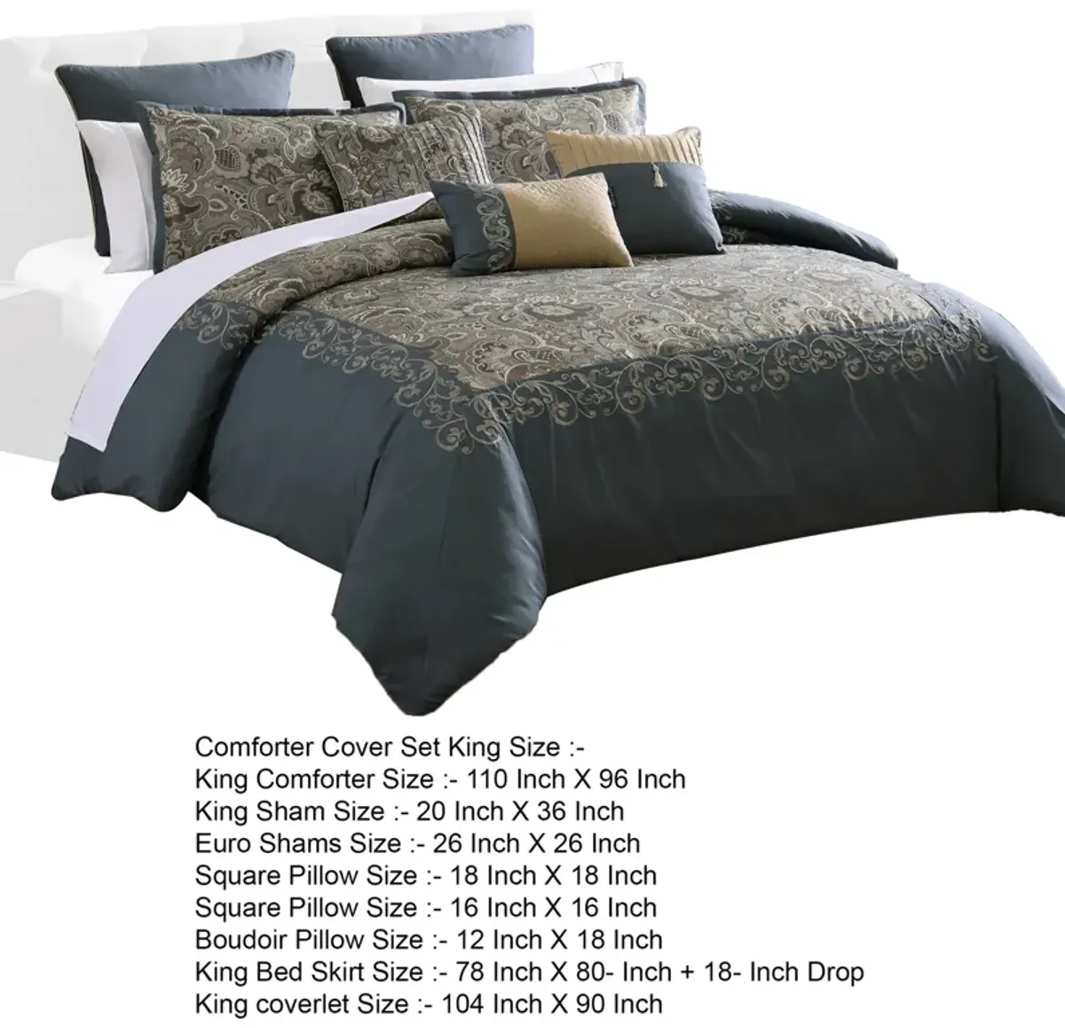 Zoe 10 Piece King Size Comforter Set, 3 Pillows, Bed Skirt, Blue, Gold - Benzara