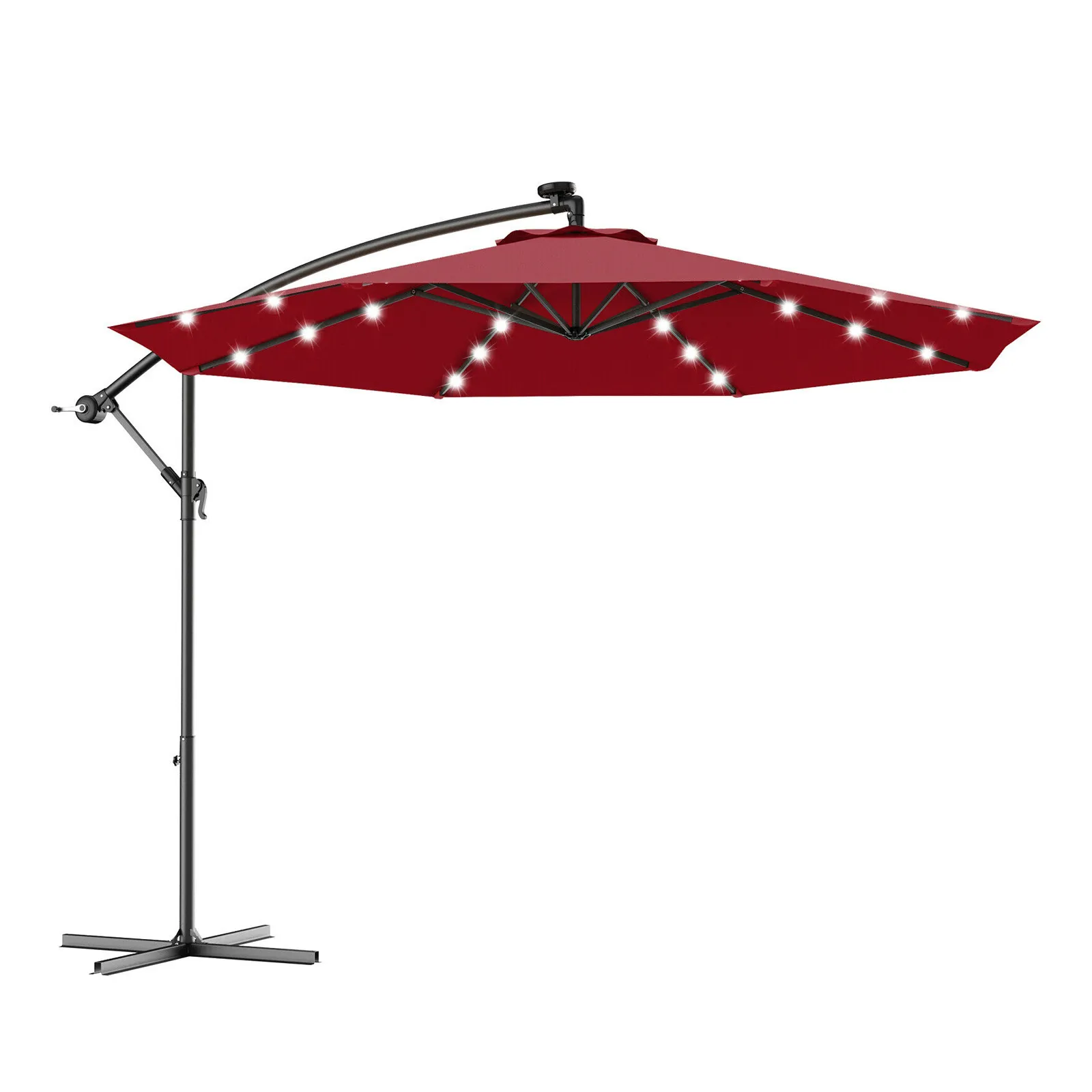 10 Feet Patio Hanging Solar LED Umbrella Sun Shade with Cross Base