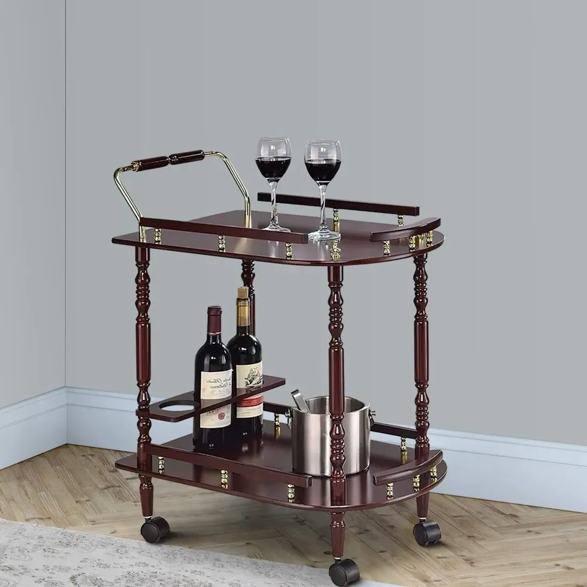 2 Tier Traditional Serving Cart, Brown - Benzara