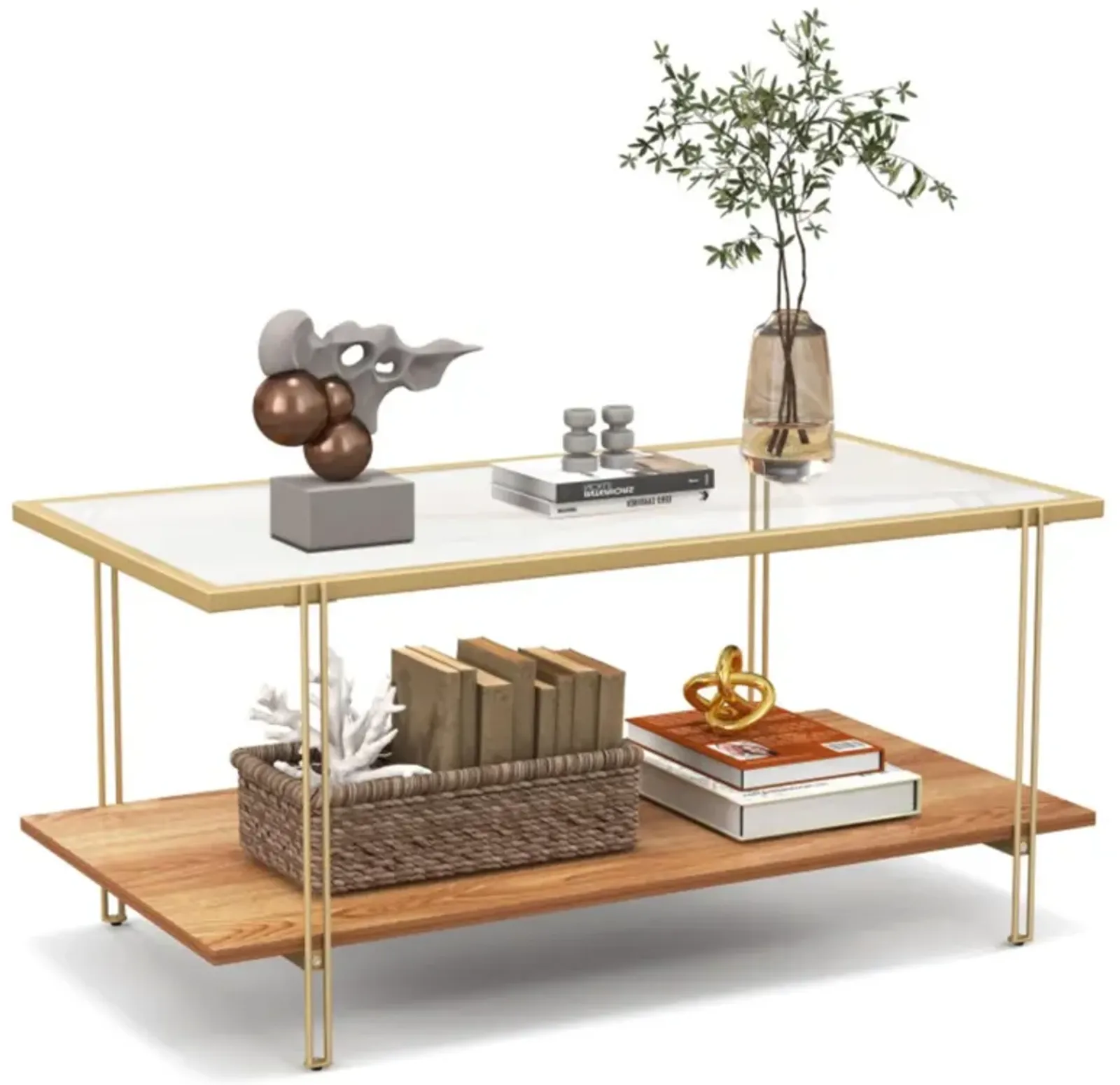 Hivvago 2 Tiers Rectangle Glass Coffee Table with White and Gold Steel Frame-Golden