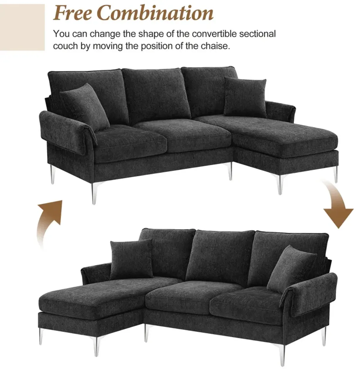 84 " Convertible Sectional Sofa, Modern Chenille L-Shaped Sofa Couch with Reversible Chaise Lounge