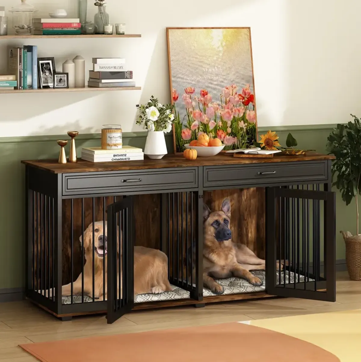 Furniture Style Dog Crates, Large Wooden Pet Kennels with Drawers and Divider, Heavy Duty Dog Cage, Black and Tiger Skin