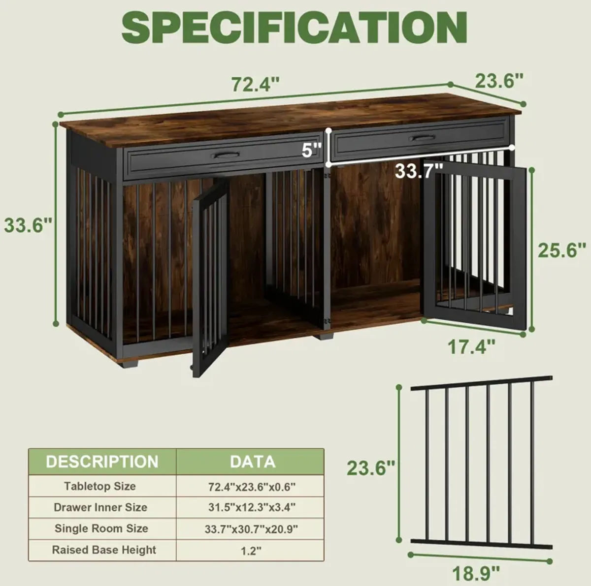 Furniture Style Dog Crates, Large Wooden Pet Kennels with Drawers and Divider, Heavy Duty Dog Cage, Black and Tiger Skin