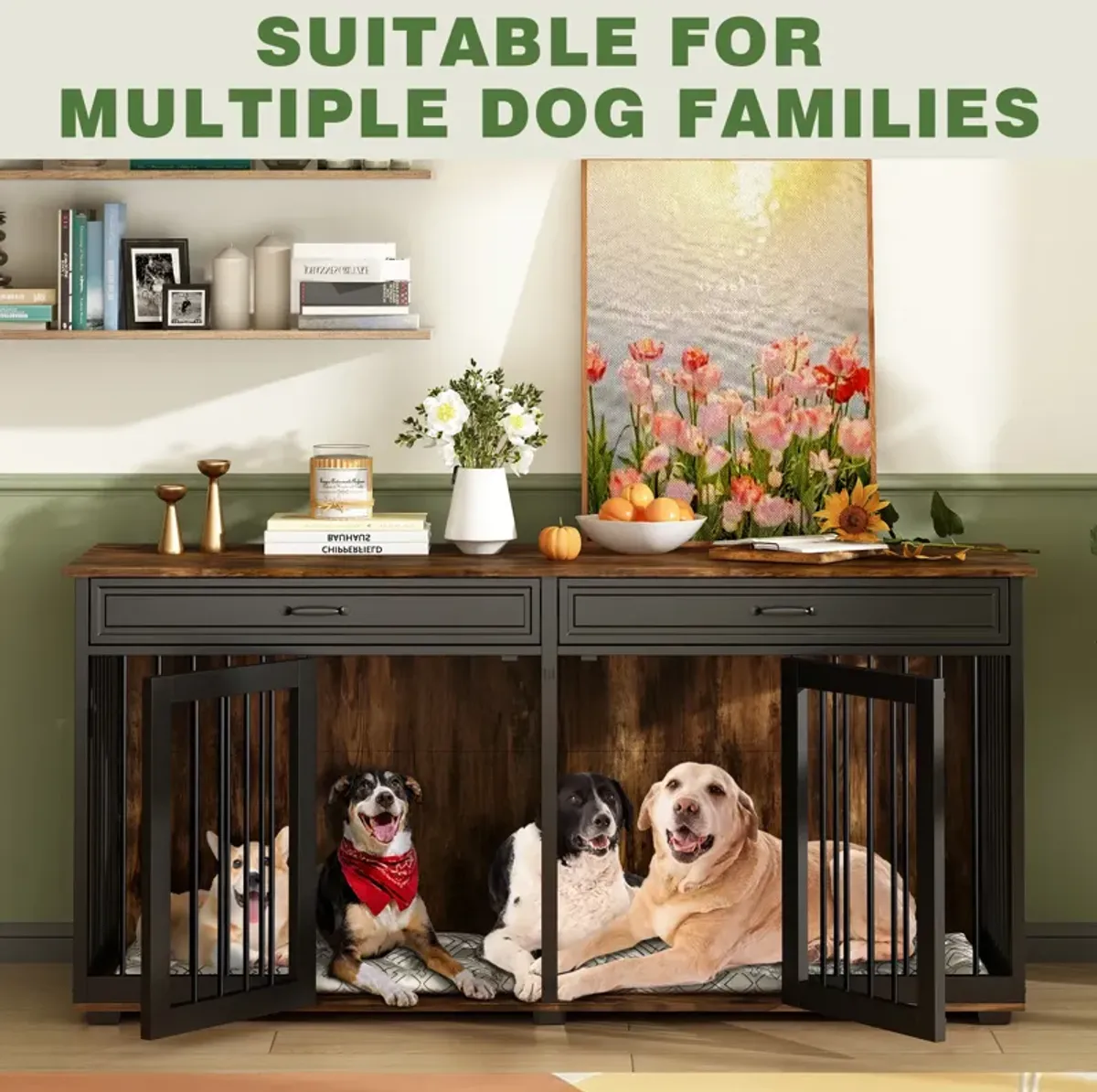 Furniture Style Dog Crates, Large Wooden Pet Kennels with Drawers and Divider, Heavy Duty Dog Cage, Black and Tiger Skin