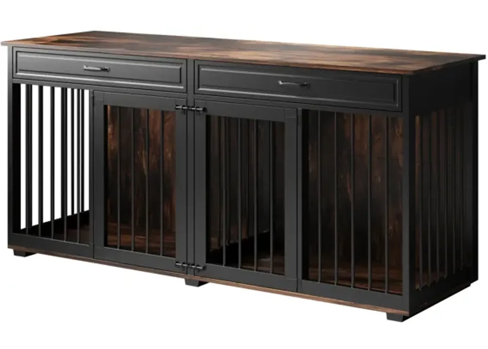 Furniture Style Dog Crates, Large Wooden Pet Kennels with Drawers and Divider, Heavy Duty Dog Cage, Black and Tiger Skin