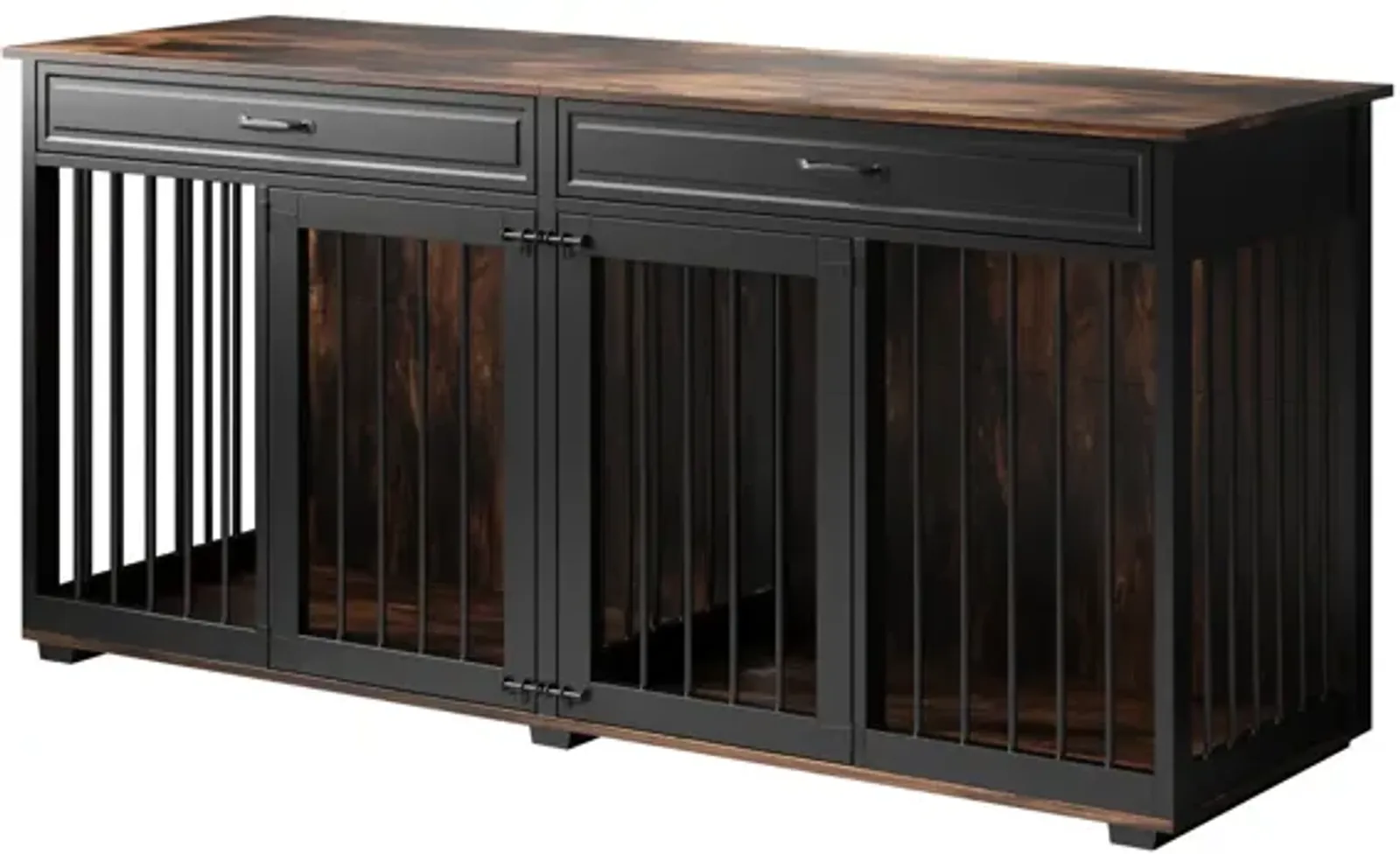 Furniture Style Dog Crates, Large Wooden Pet Kennels with Drawers and Divider, Heavy Duty Dog Cage, Black and Tiger Skin