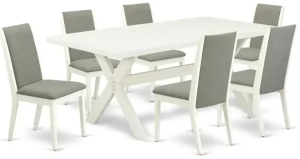 East West Furniture 7-Piece Modern Dinette Set a Great Linen White Modern Dining Table Top and 6 Attractive Linen Fabric Parson Dining Chairs with Stylish Chair Back, Linen White Finish