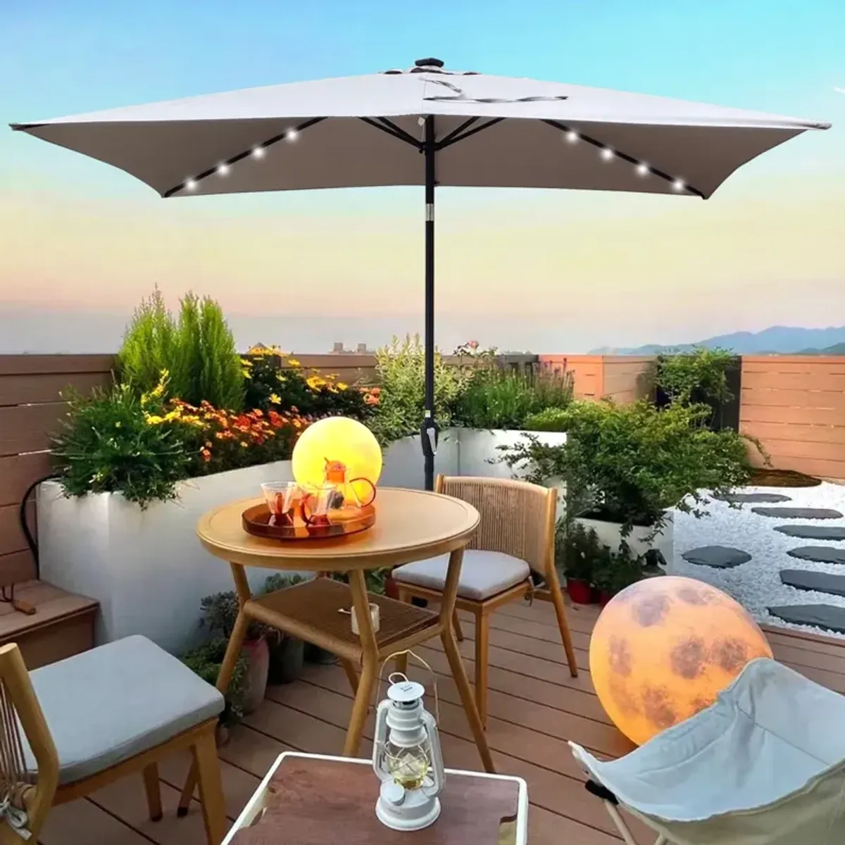 Solar LED Patio Umbrella: Crank, Tilt, 10x6.5 ft