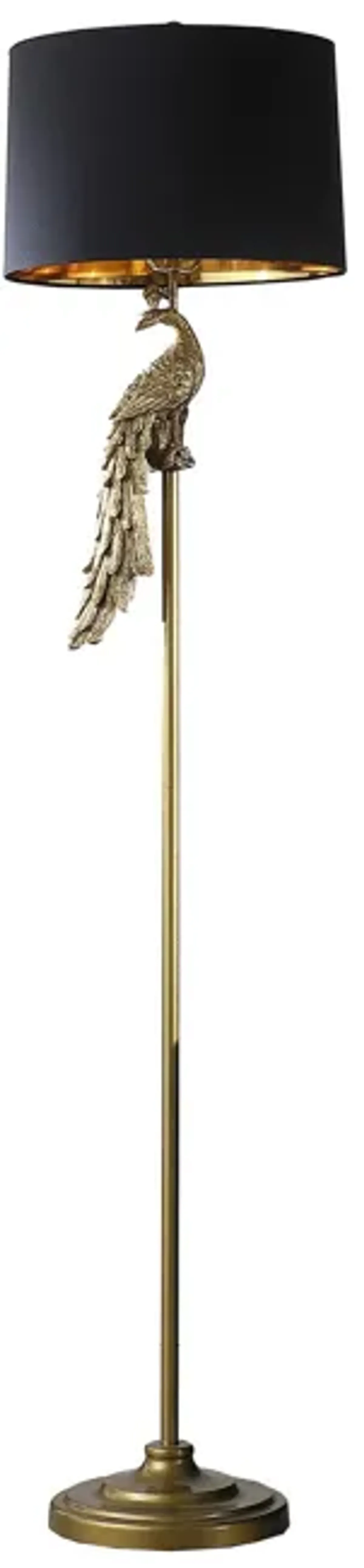 65 Inch Floor Lamp, Peacock, Linen Drum Shade, Pedestal Branch, Gold Finish - Benzara