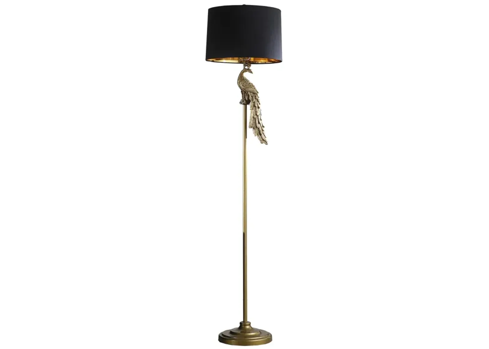 65 Inch Floor Lamp, Peacock, Linen Drum Shade, Pedestal Branch, Gold Finish - Benzara