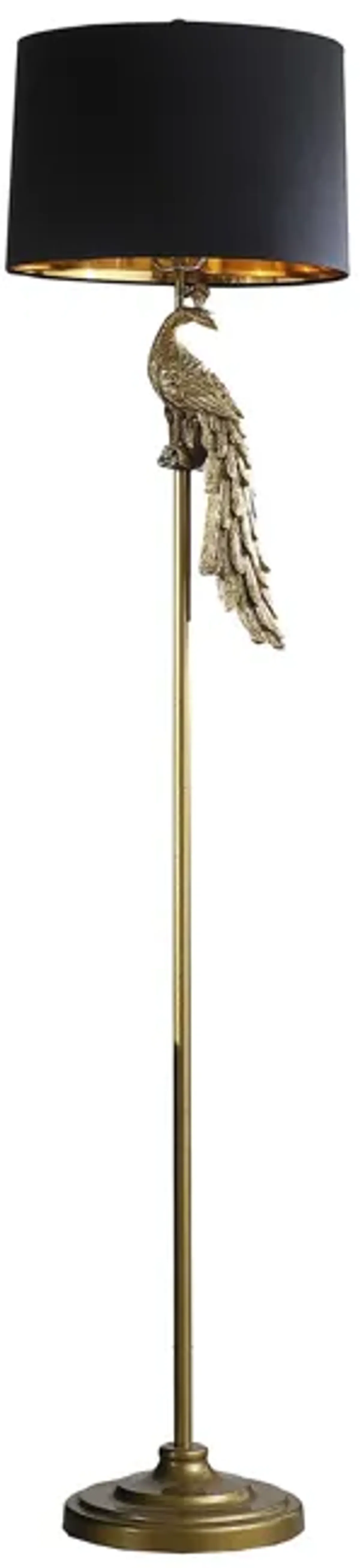 65 Inch Floor Lamp, Peacock, Linen Drum Shade, Pedestal Branch, Gold Finish - Benzara