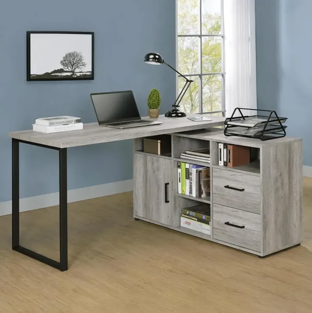 Hertford L-shape Office Desk with Storage Grey Driftwood