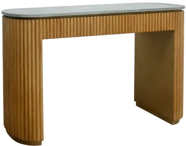 Cid Zeta 47 Inch Sofa Console Table, Gray Concrete Top, Ribbed Panel Base