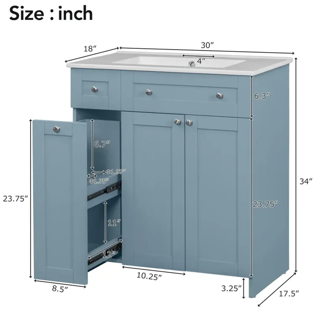 Gewnee 30-Inch Blue Bathroom Vanity with Ceramic Sink Combo, Abundant Storage Cabinet - 2 Soft close Doors and Double-tier Deep Drawer