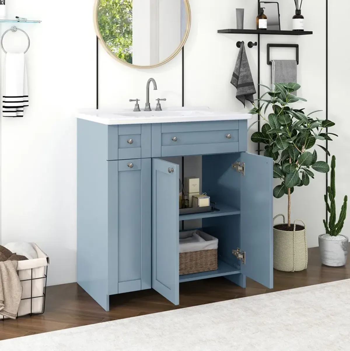 Gewnee 30-Inch Blue Bathroom Vanity with Ceramic Sink Combo, Abundant Storage Cabinet - 2 Soft close Doors and Double-tier Deep Drawer