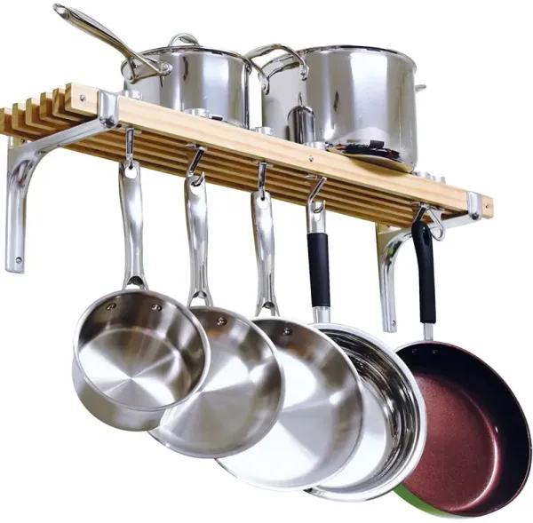 Farmhouse Style Wall Mounted Wooden Pot Rack with 6 Hooks for Pans and Tools