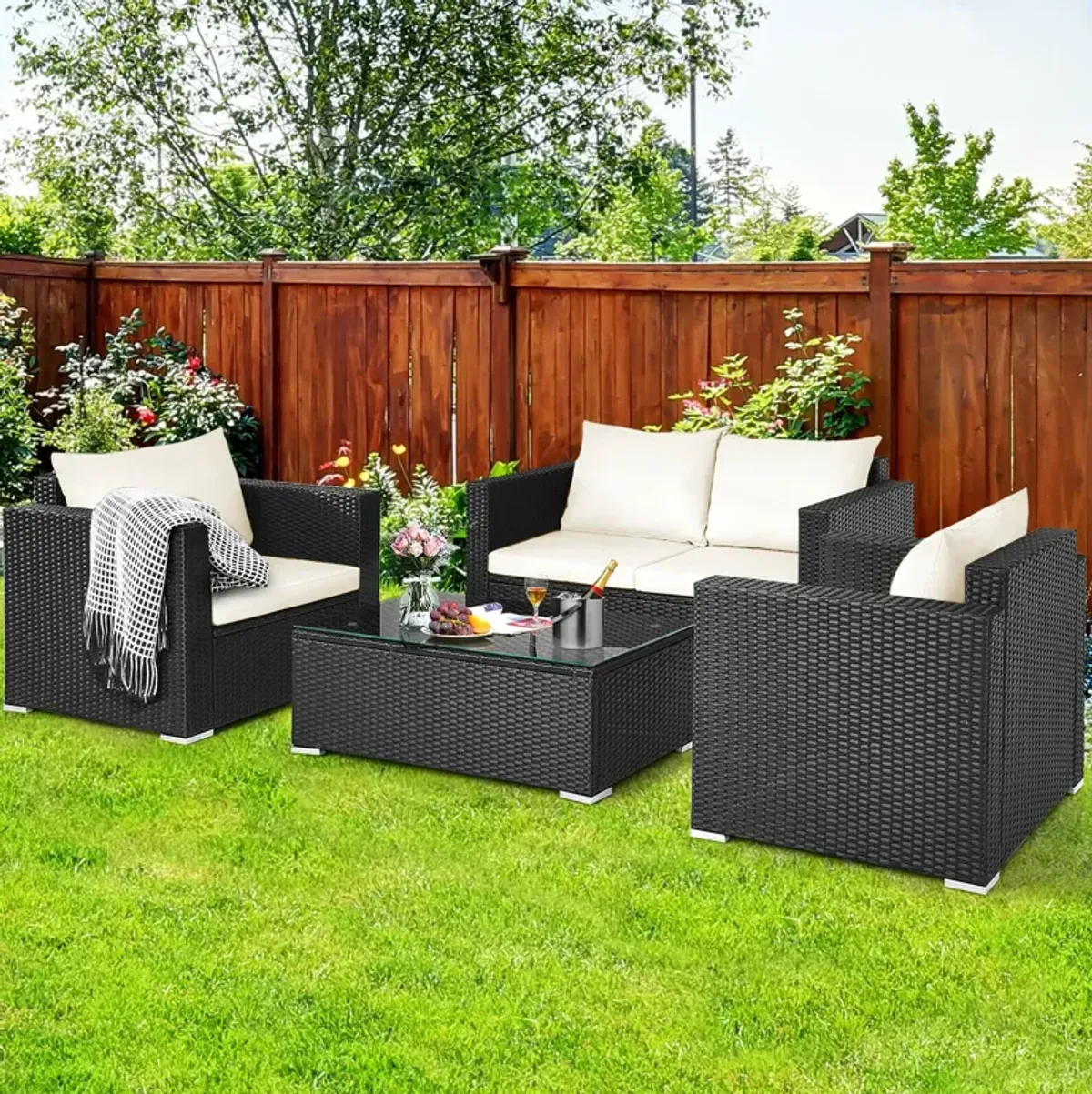 4 Pieces Patio Rattan Conversation Set with Padded Cushion and Tempered Glass Coffee Table