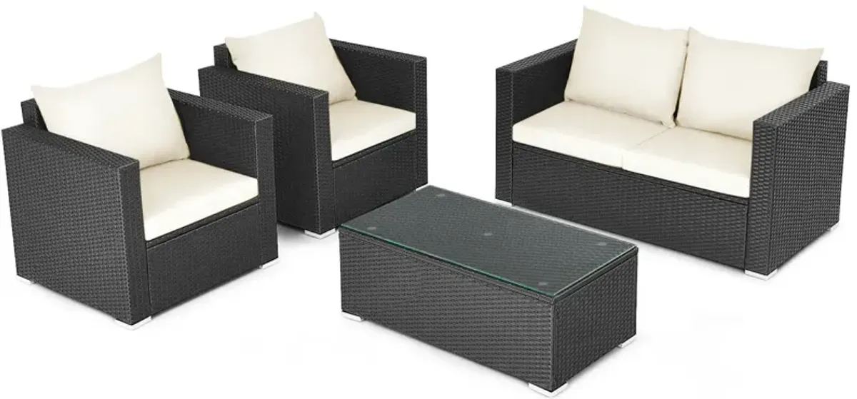 4 Pieces Patio Rattan Conversation Set with Padded Cushion and Tempered Glass Coffee Table