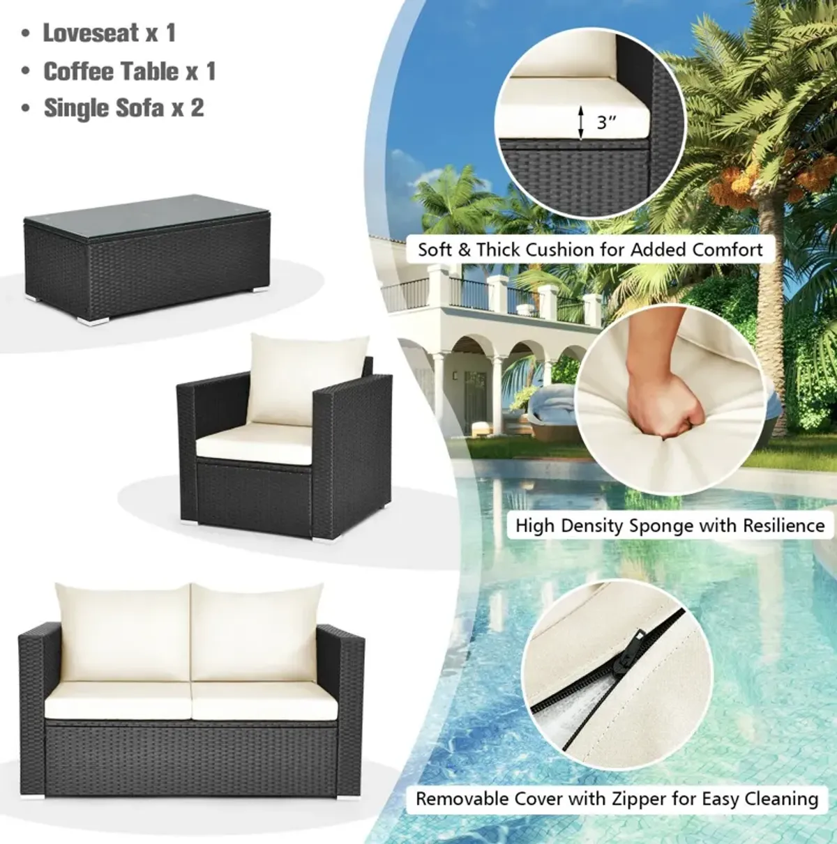 4 Pieces Patio Rattan Conversation Set with Padded Cushion and Tempered Glass Coffee Table