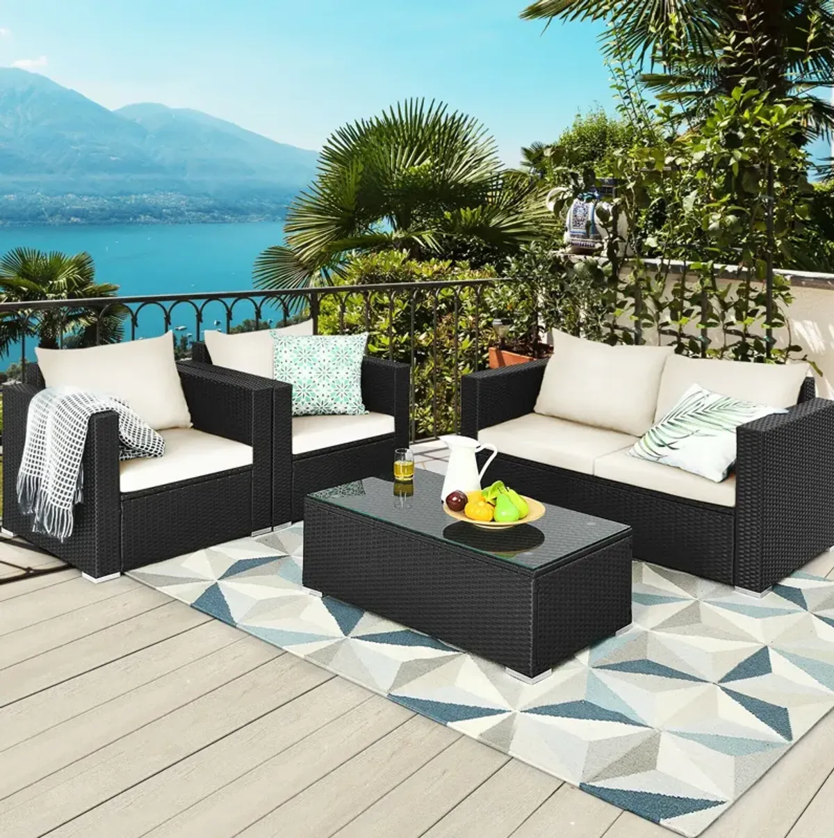 4 Pieces Patio Rattan Conversation Set with Padded Cushion and Tempered Glass Coffee Table