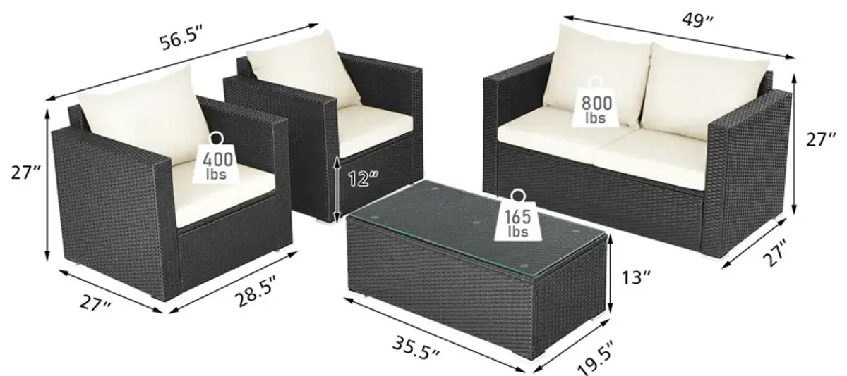 4 Pieces Patio Rattan Conversation Set with Padded Cushion and Tempered Glass Coffee Table