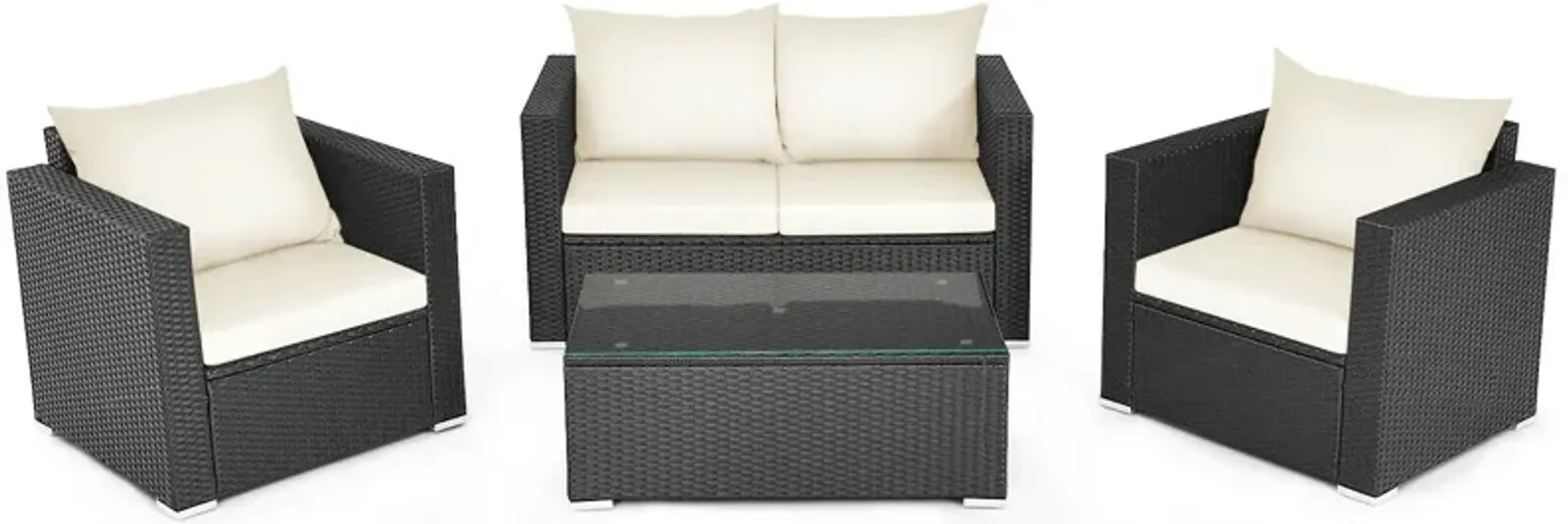 4 Pieces Patio Rattan Conversation Set with Padded Cushion and Tempered Glass Coffee Table