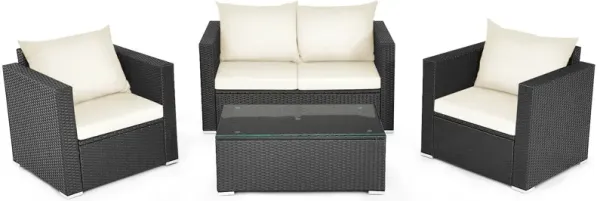 4 Pieces Patio Rattan Conversation Set with Padded Cushion and Tempered Glass Coffee Table