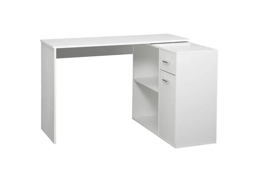 White Corner Workstation: L-Shaped Desk with Rotating Shelves & Drawer