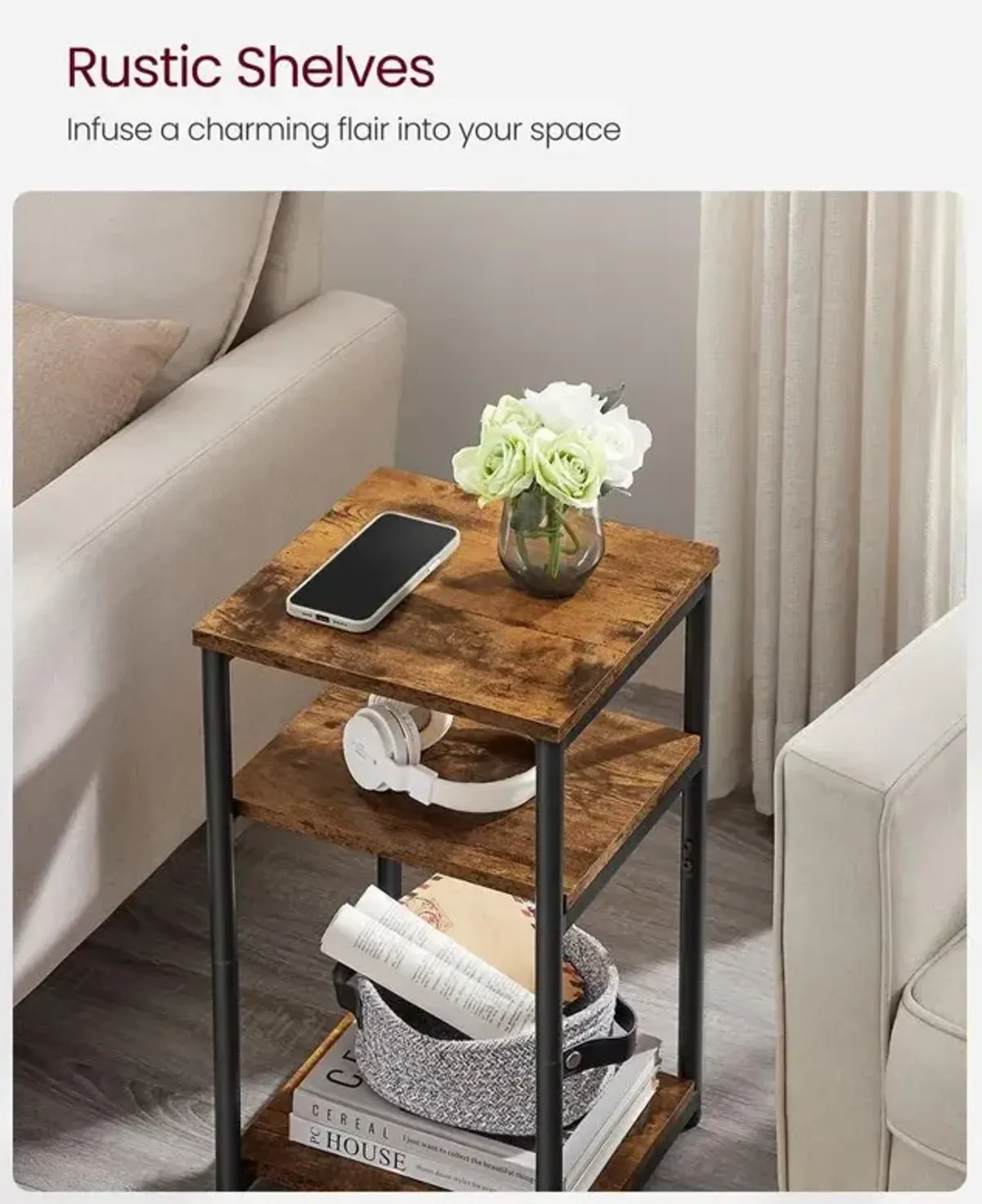 Tall Slim Side Table with Storage Shelves and Steel Frame for Living Room or Bedroom`