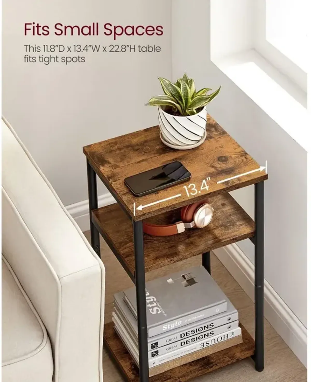 Tall Slim Side Table with Storage Shelves and Steel Frame for Living Room or Bedroom`